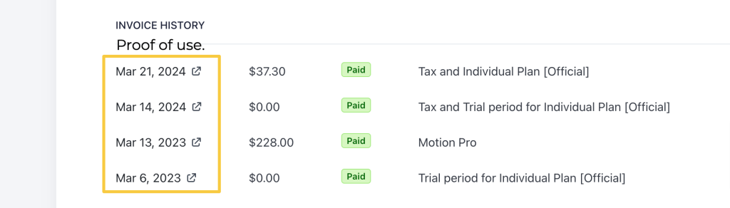 Image showing how I've paid for Motion since March 6th, 2023.